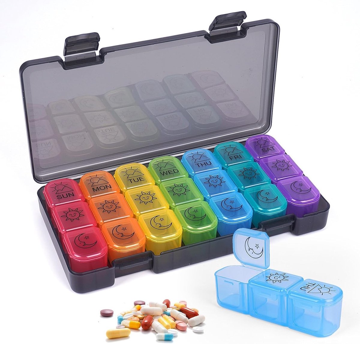 Weekly Pill Organizer met 21 Compartimenten voor Vitaminen en Medicijnen, 7 Dagen Indeling in Kleurrijke Ontwerpen, Grote Capaciteit en Handige Delen