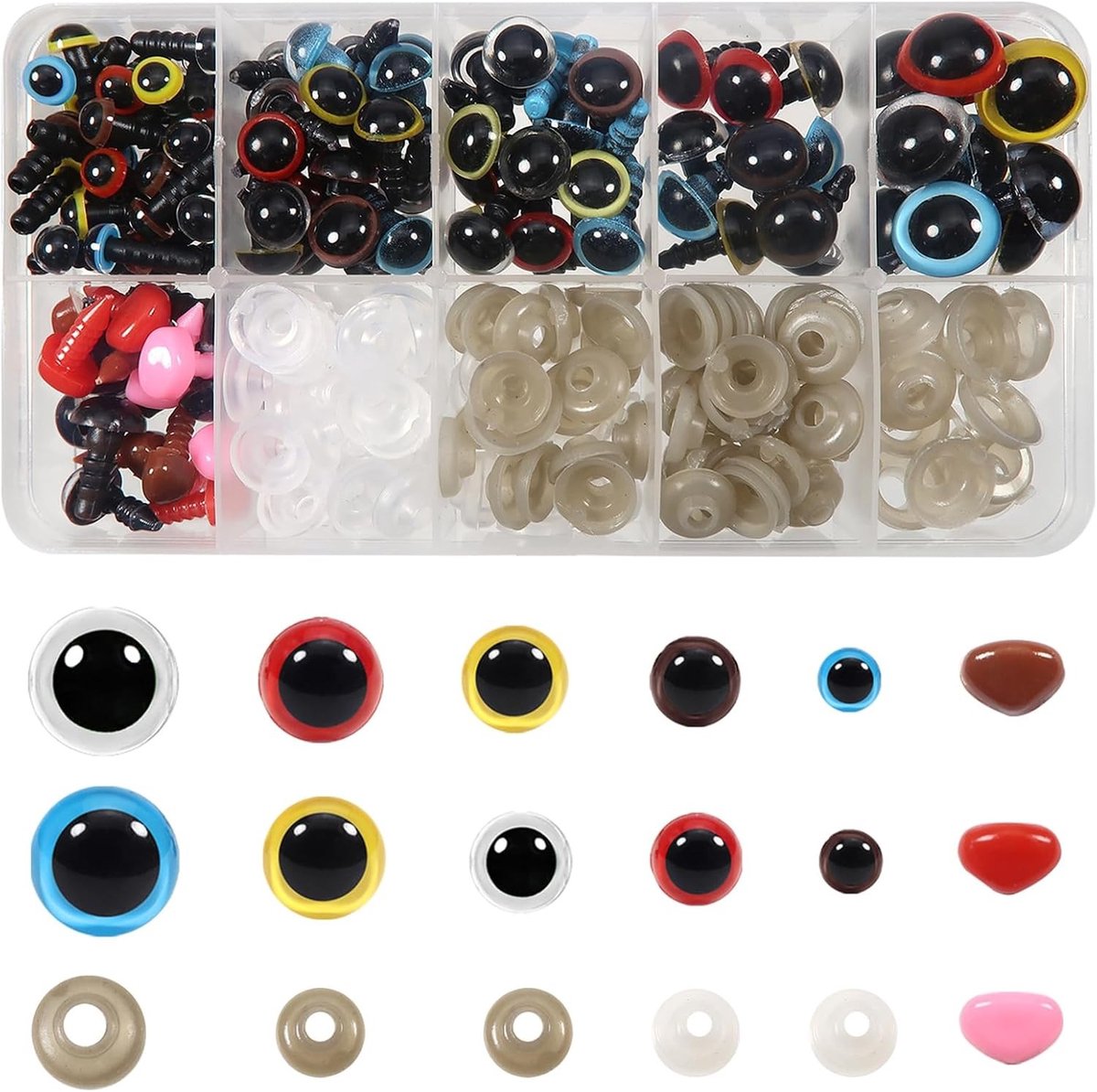 110 Stuks Veiligheidsogen en Neus met Wasjes in Meerdere Kleuren voor Amigurumi en Handgemaakte Poppen, 6 tot 12mm Plastic Ogen voor Creatieve Knutselprojecten