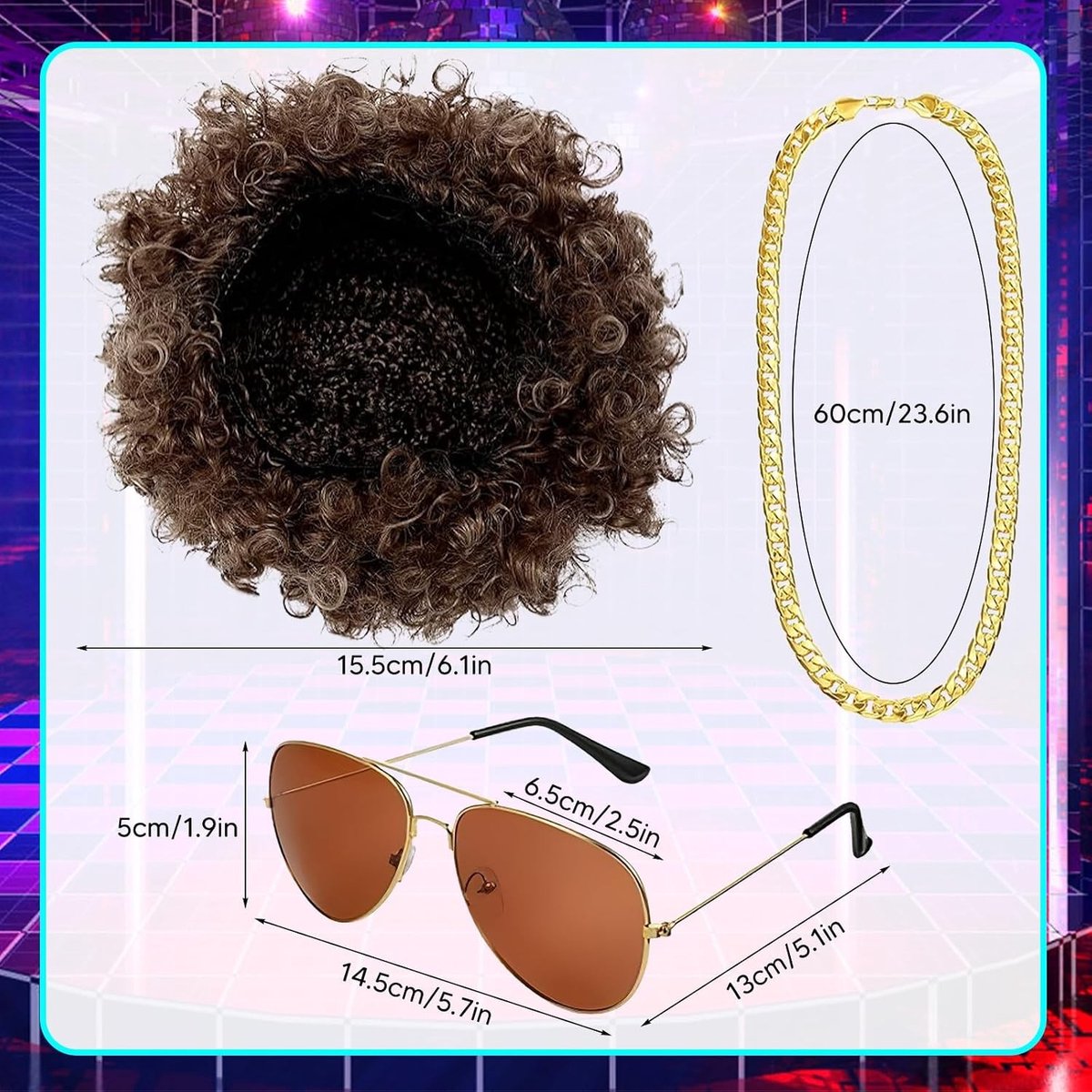 Drie-delige Gouden Ketting, Zonnebril en Bruine Afro Perook voor Carnavalsoutfit, Hippie Kostuum en 70s Feestaccessoires