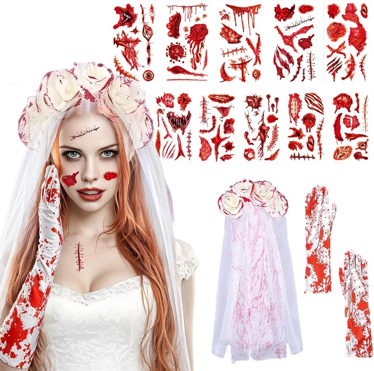 Horror Bruid Kostuum voor Dames, 14-delig Zombie Thema Outfit voor Feesten en Halloween