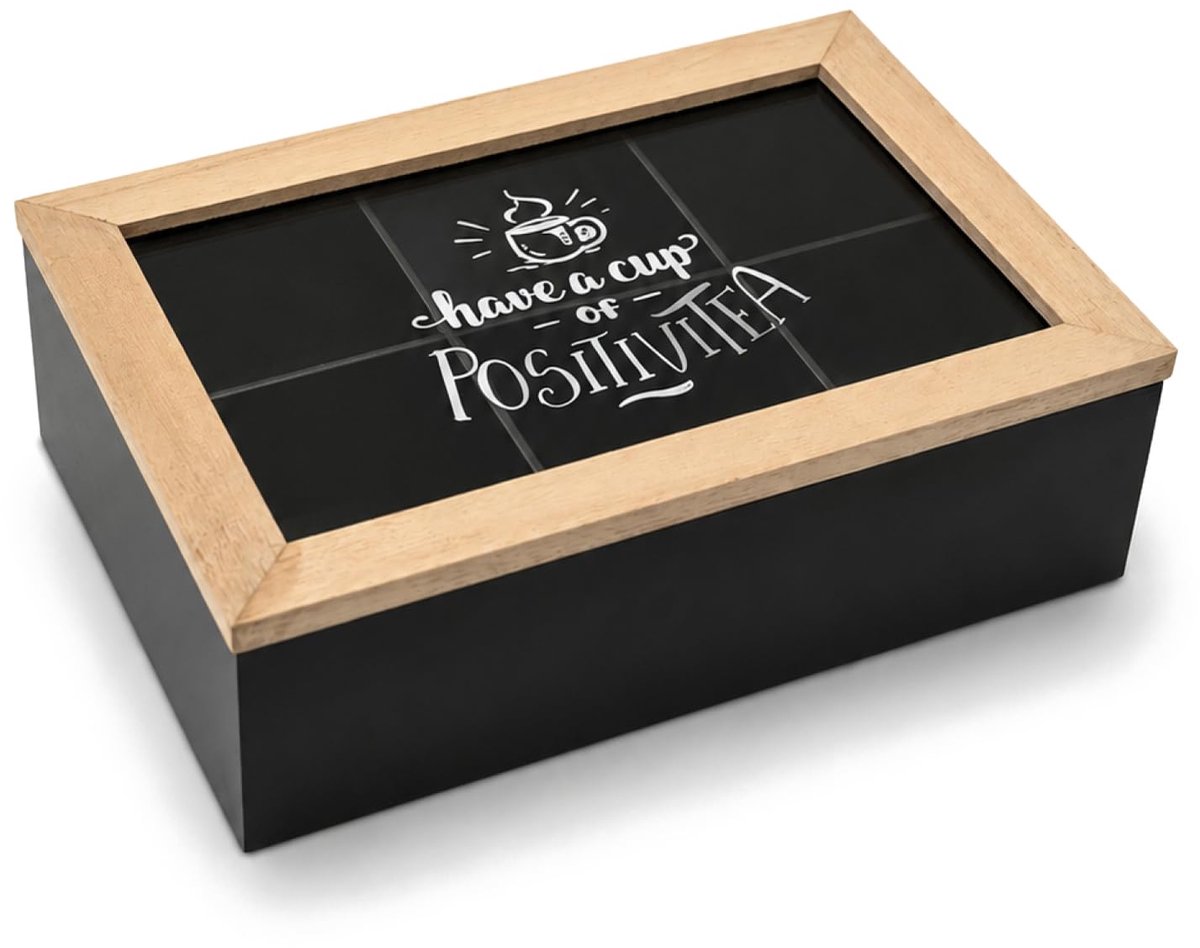 thee organizer 6 vakken - houten theedoos - glazen venster - perfect voor theeliefhebbers - ShopVlot