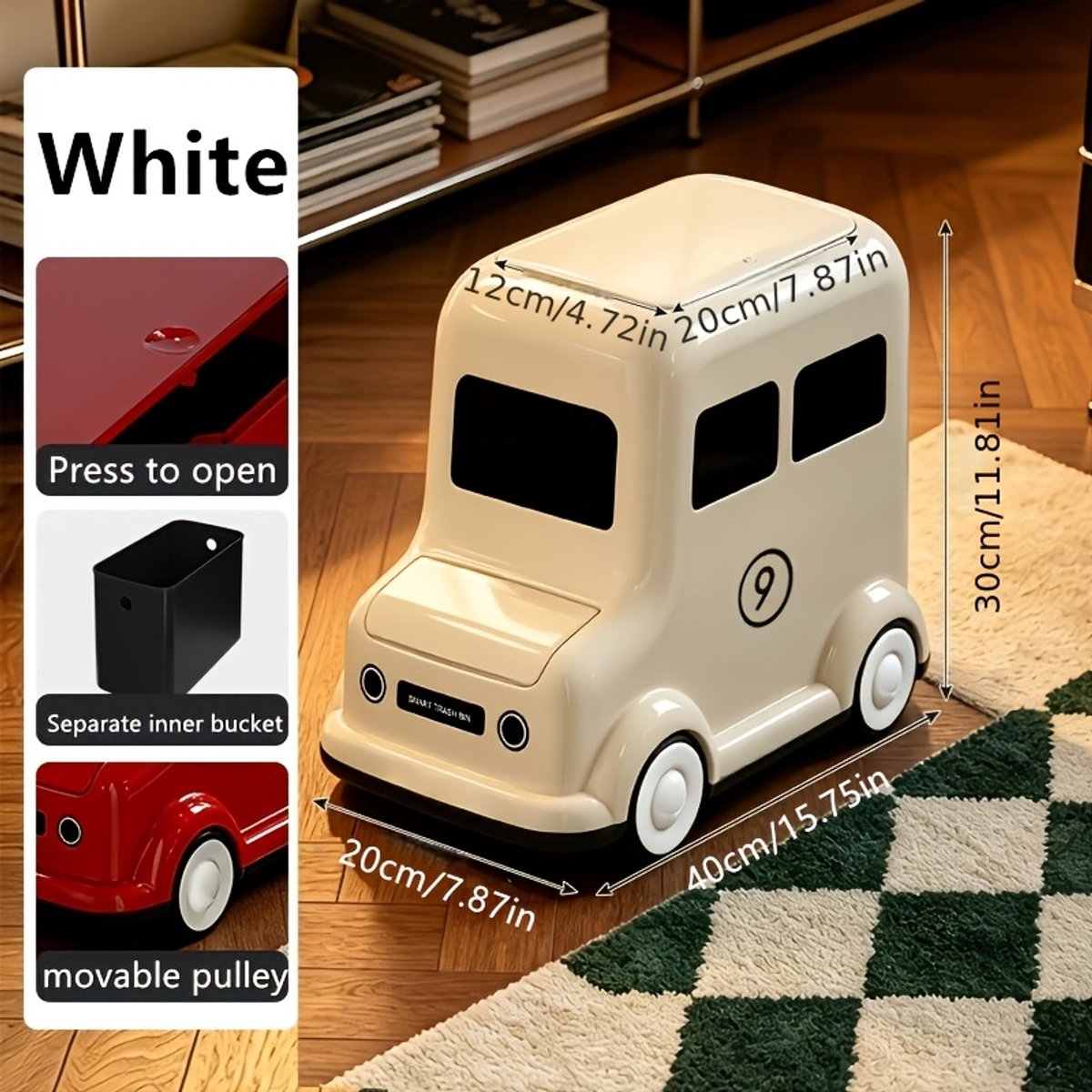 Prullenbak in auto-design 18L,decoratieve vuilnisbak met drukdeksel,verrijdbare wielen,stijlvolle afvalbak voor woonkamer,slaapkamer,kinderkamer en kantoor,leuk vormgegeven afvalcontainer voor binnen, eenvoudig te verplaatsen en schoon te maken,Wit