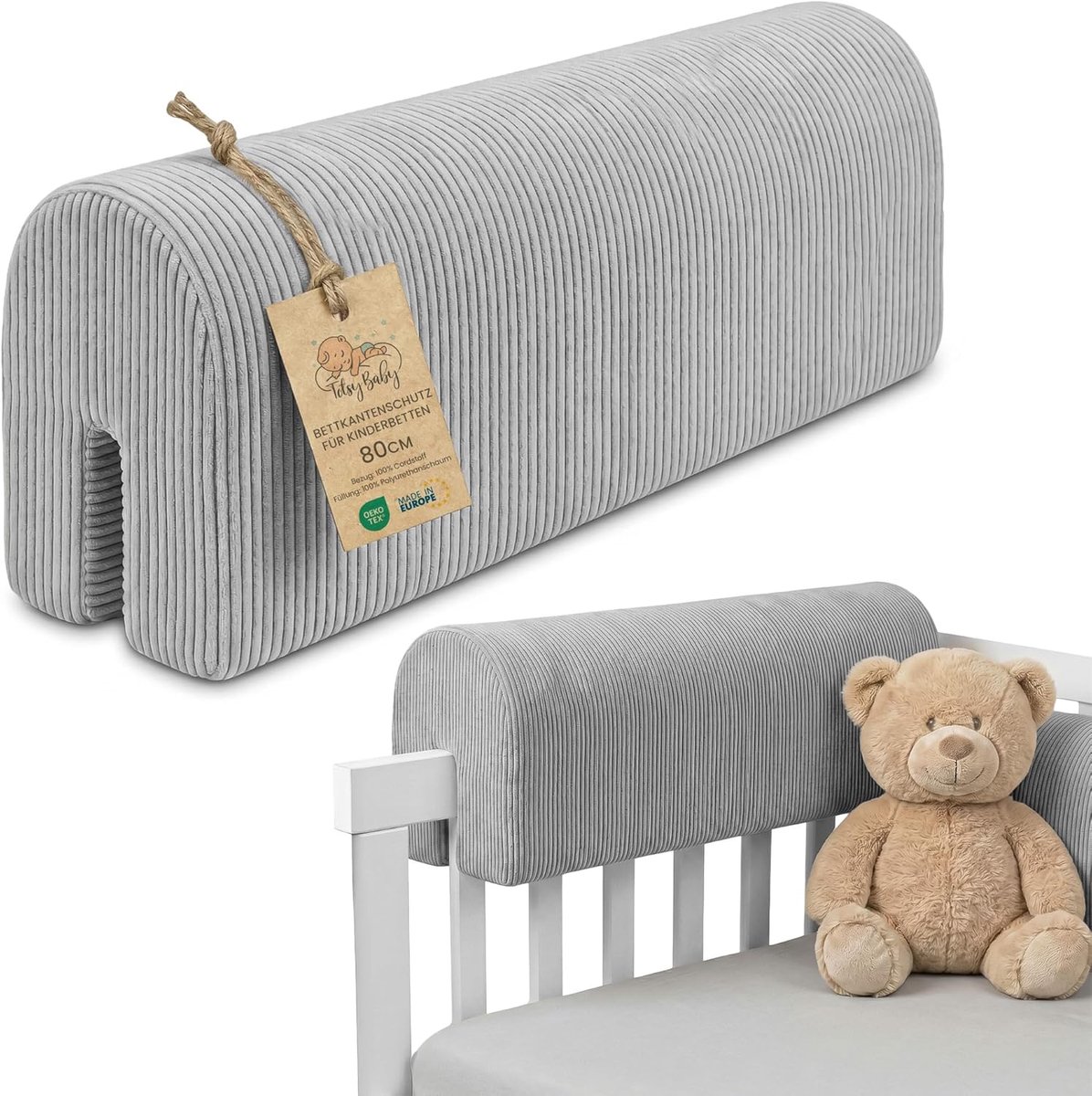 SnelShoppen - Bedrandbeschermer voor Kinderbedden 80 cm - Valbeveiliging voor Bedframe Babybed - Oeko-Tex Lichtgrijs - Universele Aanpassing voor Boxs