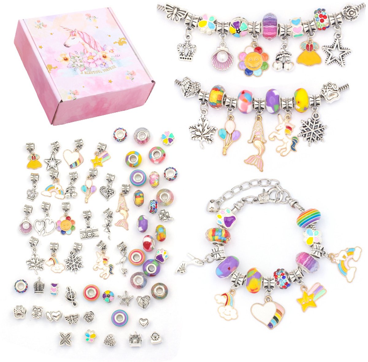 DIY Sieraden Maken Set voor Meisjes – Armbandjes Maken Kit met Kralen en Bedels – Creatieve Kinder Sieradenset – Inclusief 3 Armbanden, 20 Bedels, 20 Metalen Kralen en 20 Regenboogkralen – Regenboogkleurig