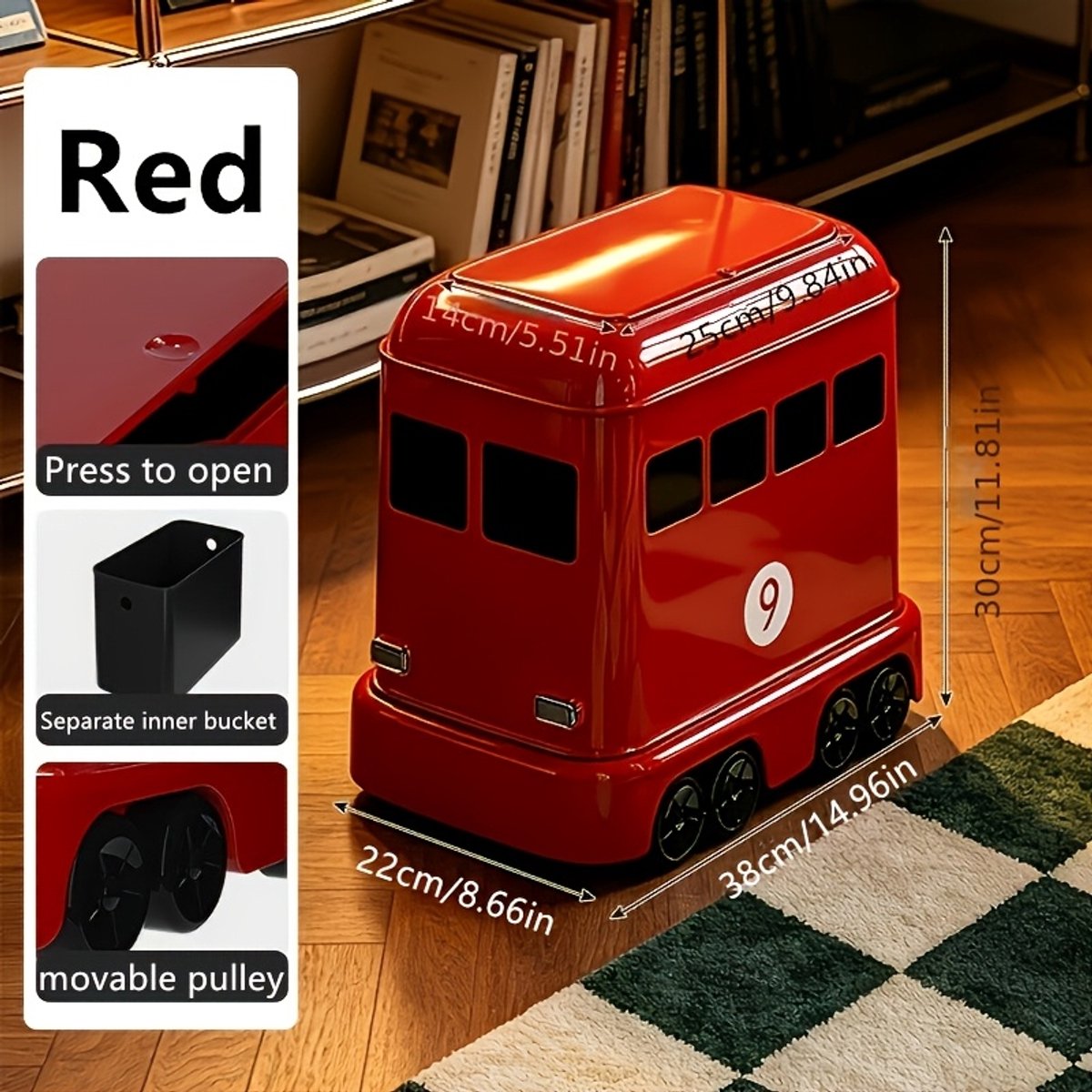 12L Prullenbak bus auto design, vuilnisbak met drukdeksel, binnenemmer en zwenkwielen, stijlvolle afvalbak voor woonkamer, slaapkamer, keuken en kantoor, decoratieve prullenbak voor binnenhuis, handig te verplaatsen afvalcontaine,Retro Rood