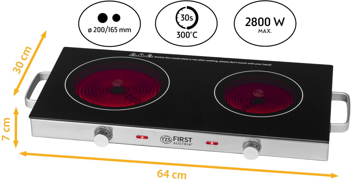 TZS First Austria - Kookplaat Infrarood 2-pits glaskeramische Plaat ALLE Soorten Pannen 2800W - ShopVlot