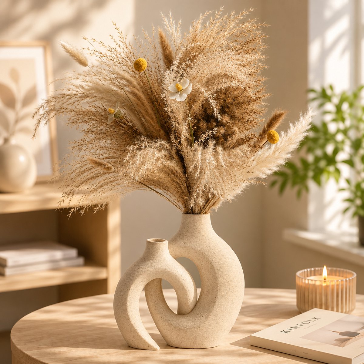 Set van 2 Keramische Vazen - Beige - Modern Design voor Scandinavische en Boho Interieurs - Decoratieve Bloemenvaas voor Woonkamer, Kantoor en Salontafel