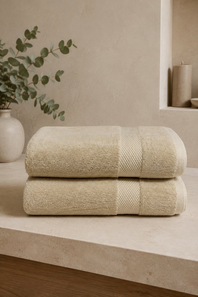 The Linen Room Handdoeken – 50 x 100 cm – Set van 2 – 100% Katoen – 650 GSM Dubbelgetwijnd 20/2 Garen – OEKO-TEX® – Extra Zacht & Hoog Absorberend – Licht beige