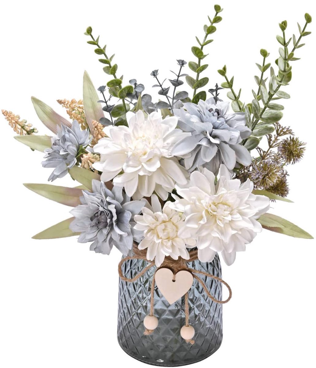 Yorkmills Nepbloemen met vaas, blauwe zijden rozen bloemen arrangement kunstbloemen in vaas, herfst lente decor - ShopVlot