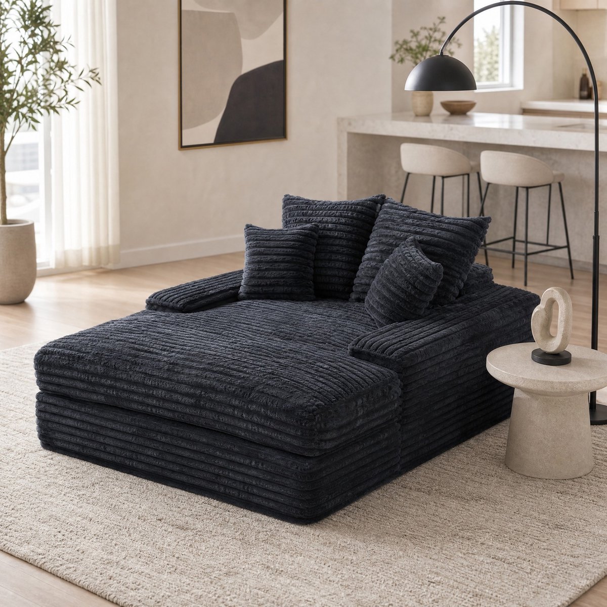 Wishdor Chaise longue - Zonder montage - 4 kussens - Modern design - Voor volwassenen - Ribstof - Grijs - 135 x 165 x 58 cm - Brede armleuningen