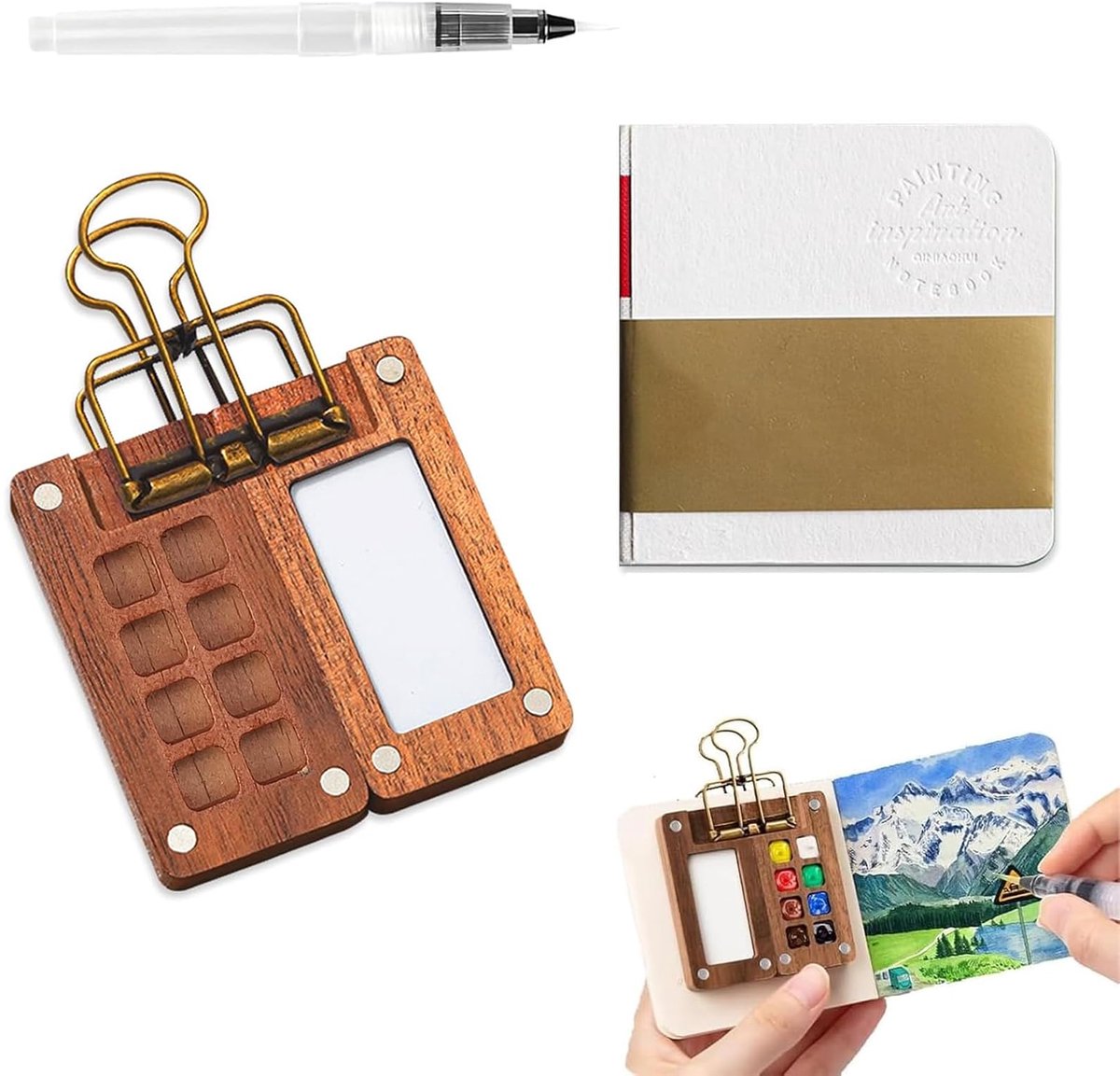 draagbare aquarelset - houten doos - compleet met verf en penselen - ideaal voor onderweg - ShopVlot