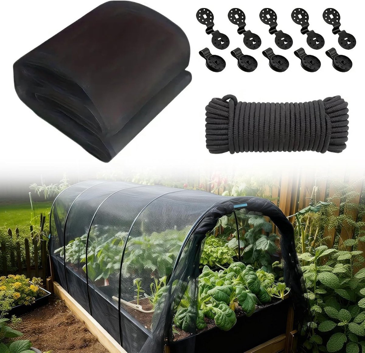 Zwarte insectennet afdekking, 240×400 cm, set met 10 klemmen en 4 meter zwart touw, beschermnet voor planten en tuin