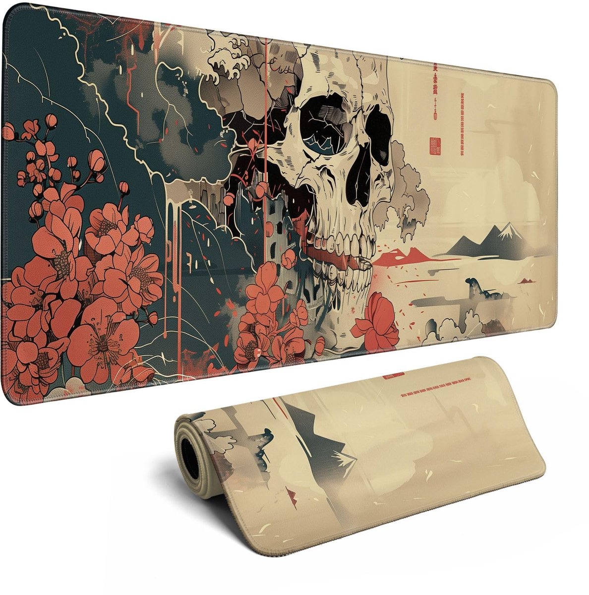 Grote Japanse Ukiyo-e Schedel Muismat voor Desktop, Gaming Muismat voor Mannen met Gestikte Randen Antislip 80 x 30 cm - ShopVlot