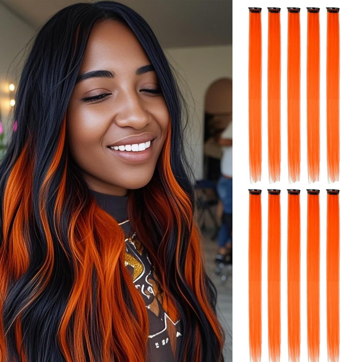 Kleurige Haarstrengen voor Kinderen, 10 Stuks, 55 cm, Lange Oranje Synthetische Haarsprieten, Clip-in Haarverlenging, Creatieve Haaraccessoires