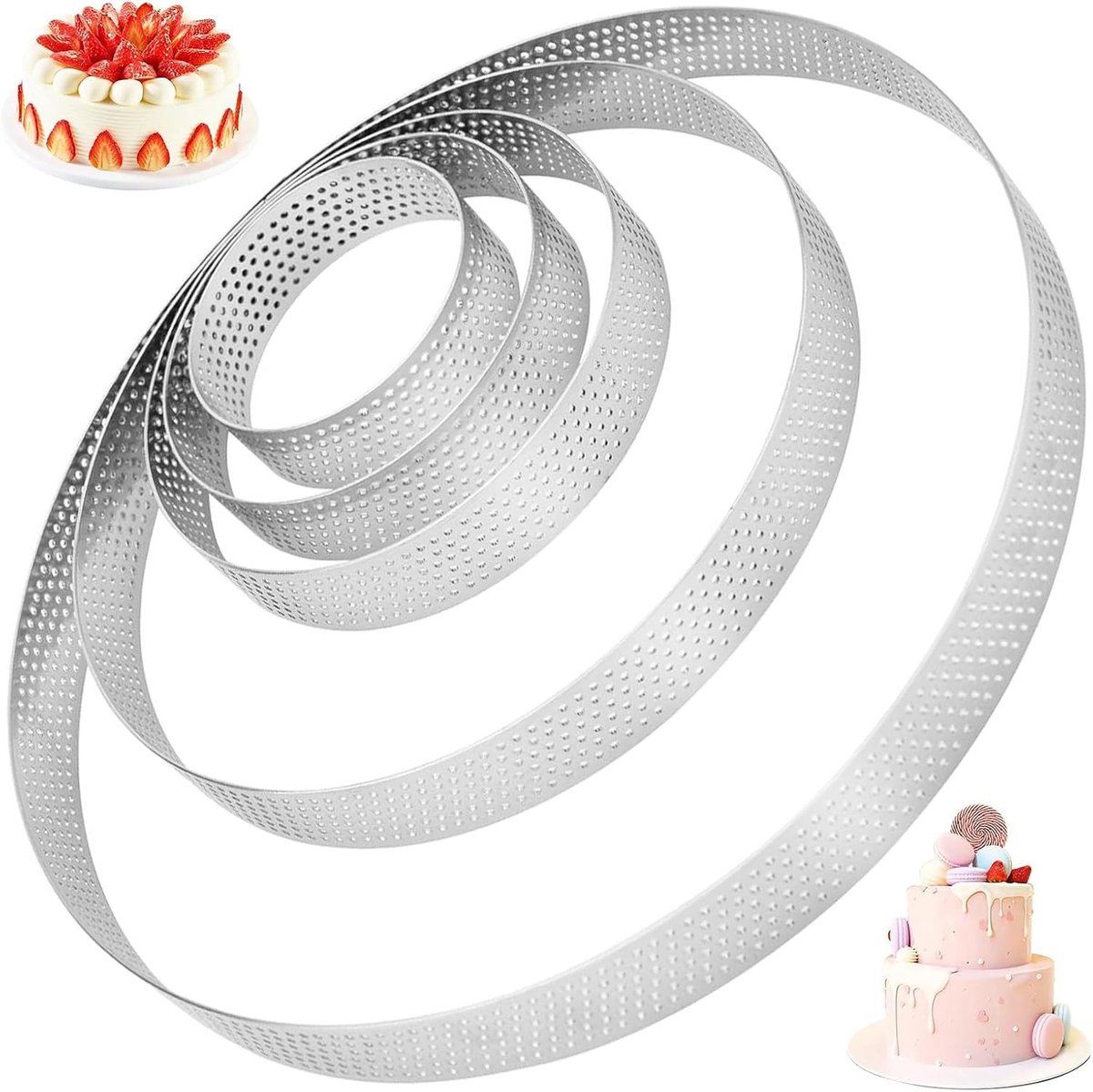 Set van 5 Perforated RVS Taartvormen (6/8/10/15/20 cm) - Taartbasis, Quichevorm, Mousse Ring voor Perfecte Taarten en Desserts