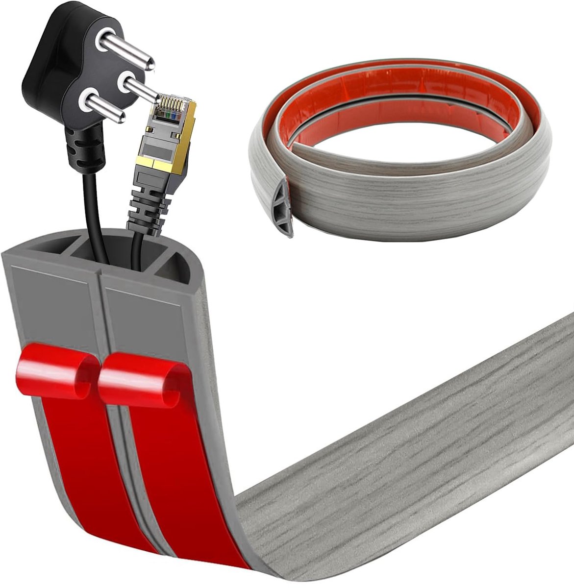 Kabelgoot voor de vloer 3cm x 3m - grijze houtkorrel - zelfklevend - flexibele kabelbescherming voor kantoor of thuis - ShopVlot
