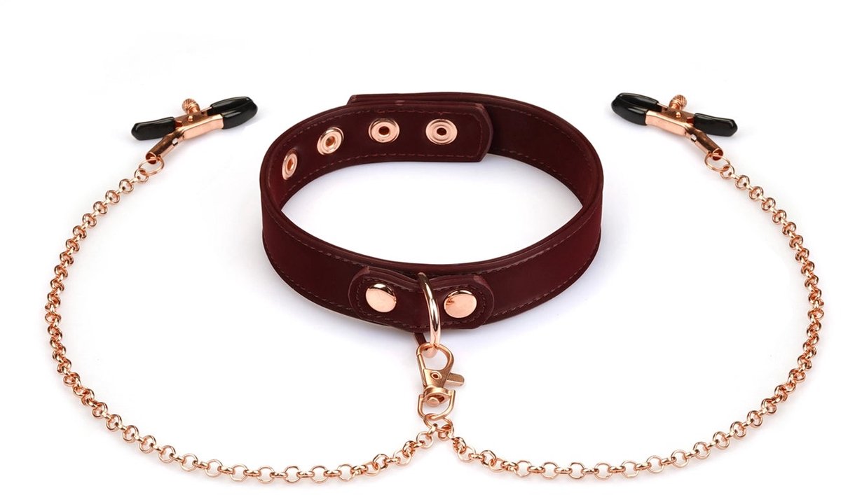 Liebe Seele - Metallic Shade Red - Vegan PU Lederen Collar met Tepelklemmen - Rood/Rosé Goud