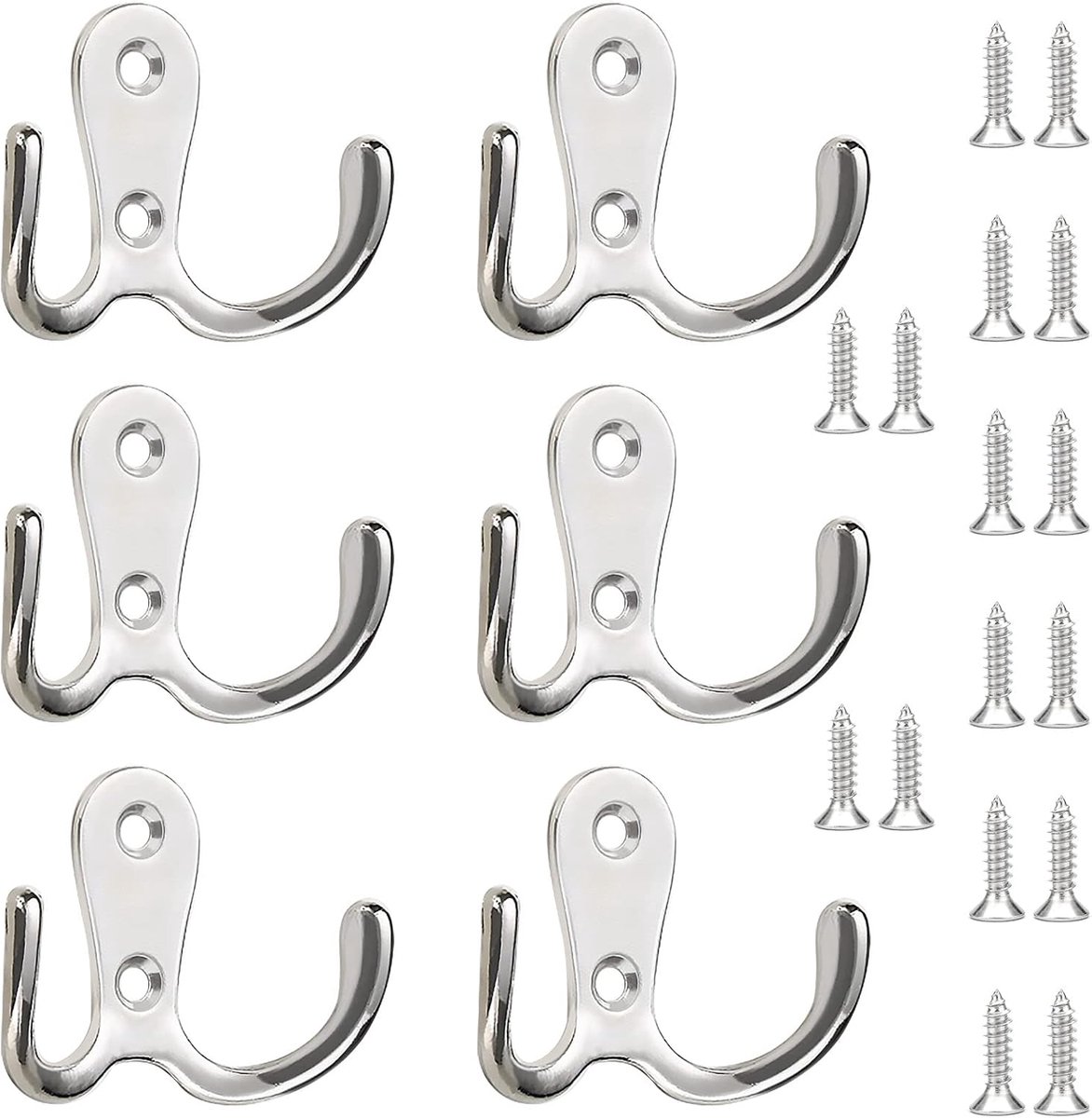 Muurhaken met dubbele haak - 6 stuks - Zilver - Vintage - Inclusief 16 schroeven