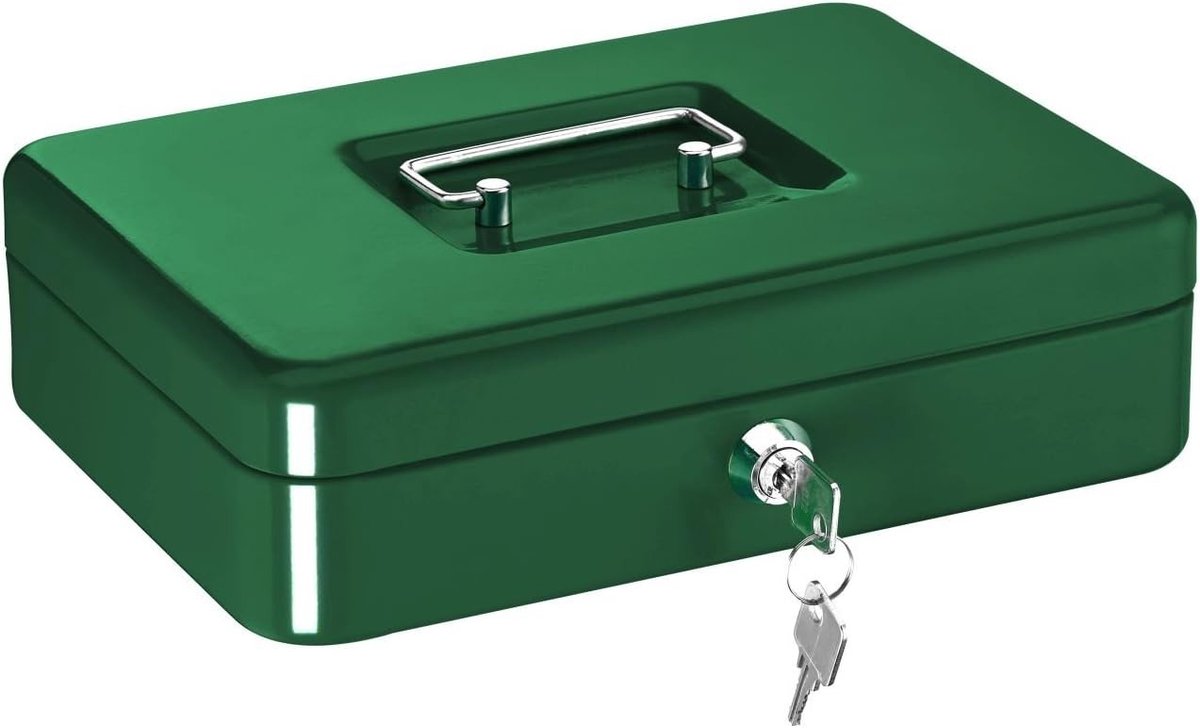 Afsluitbare Geldkist - Groen - 250 x 170 x 75 mm - Robuuste Stalen Kist met Verchroomd Slot - Voor Huishoudens en Kantoor
