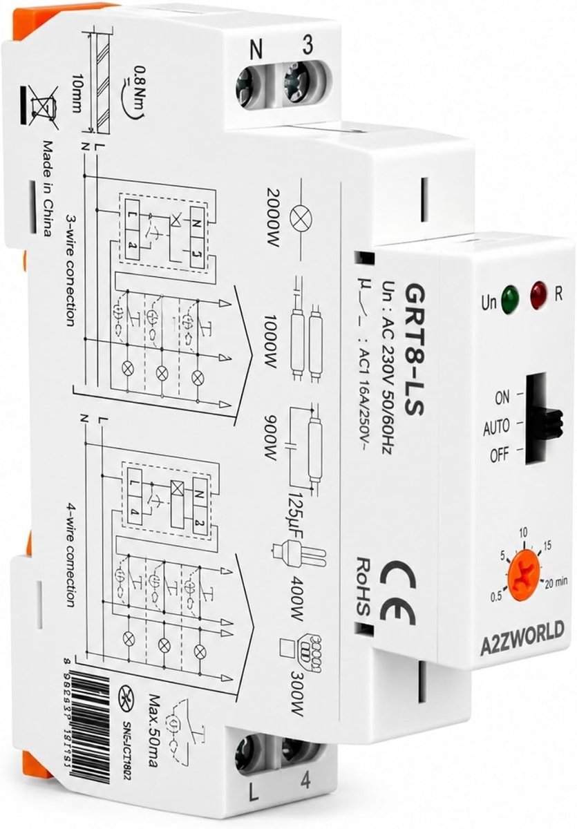 Tijdschakelaar voor Trapverlichting - Wit - 1 DIN-module - Voor 230 V AC Verlichting en Ventilatoren