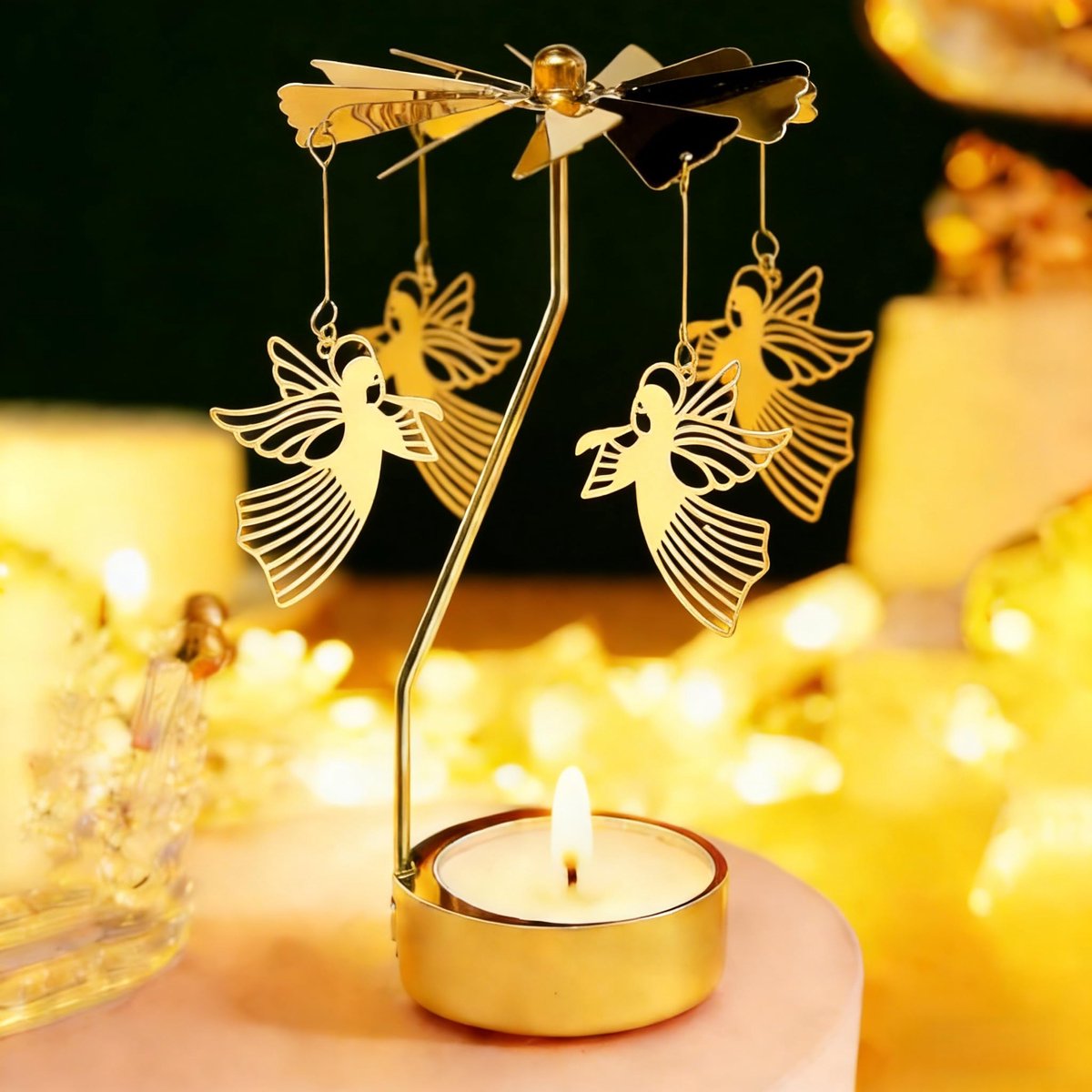 Roterende theelichthouder gouden met engel - metalen kandelaar - voor sfeervolle decoratie - ShopVlot