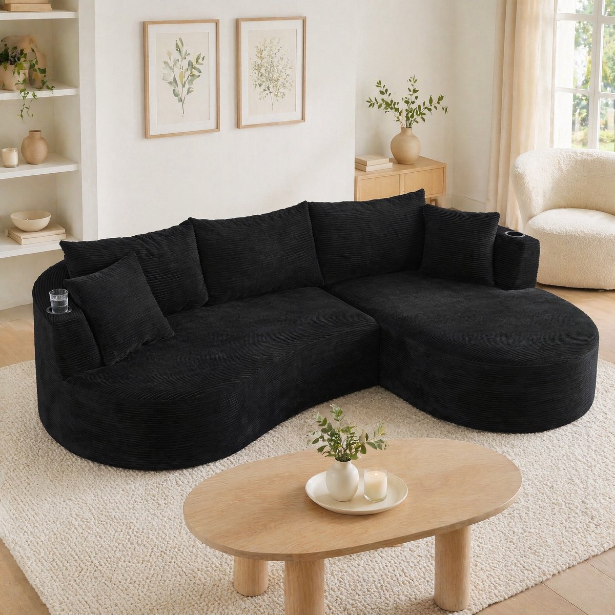 Wishdor 3-zits hoekbank - Gebogen design met rechter chaise longue - Zwarte corduroy - Met kussens en bekerhouders - Vakuümverpakt - Voor woonkamer, hotel en kantoor
