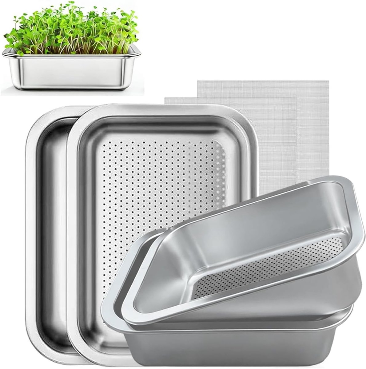 Set van 2 kiembakken, dubbele maat RVS, vaatwasserbestendig voor het kweken van gezonde tarwegrasplanten binnenshuis, ideaal voor tuinieren en hydrocultuur