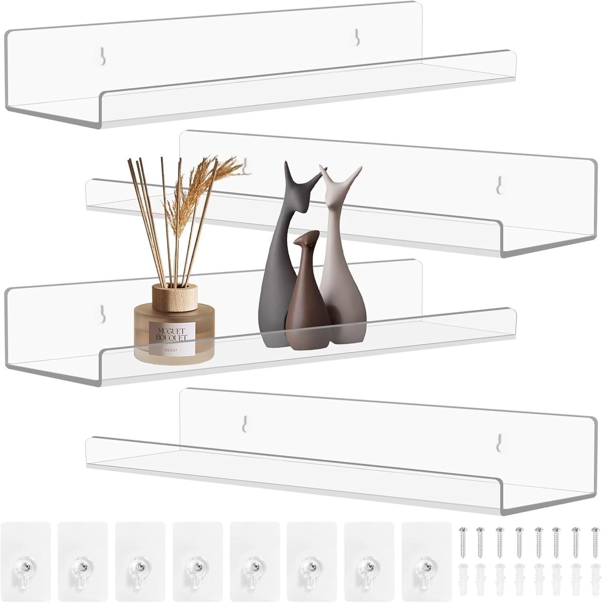 Set van 4 Transparante Acryl Wandplanken van 30 cm, Geen Boren, Wanddecoratie voor Foto's, Kinderbibliotheek en Tijdschriften