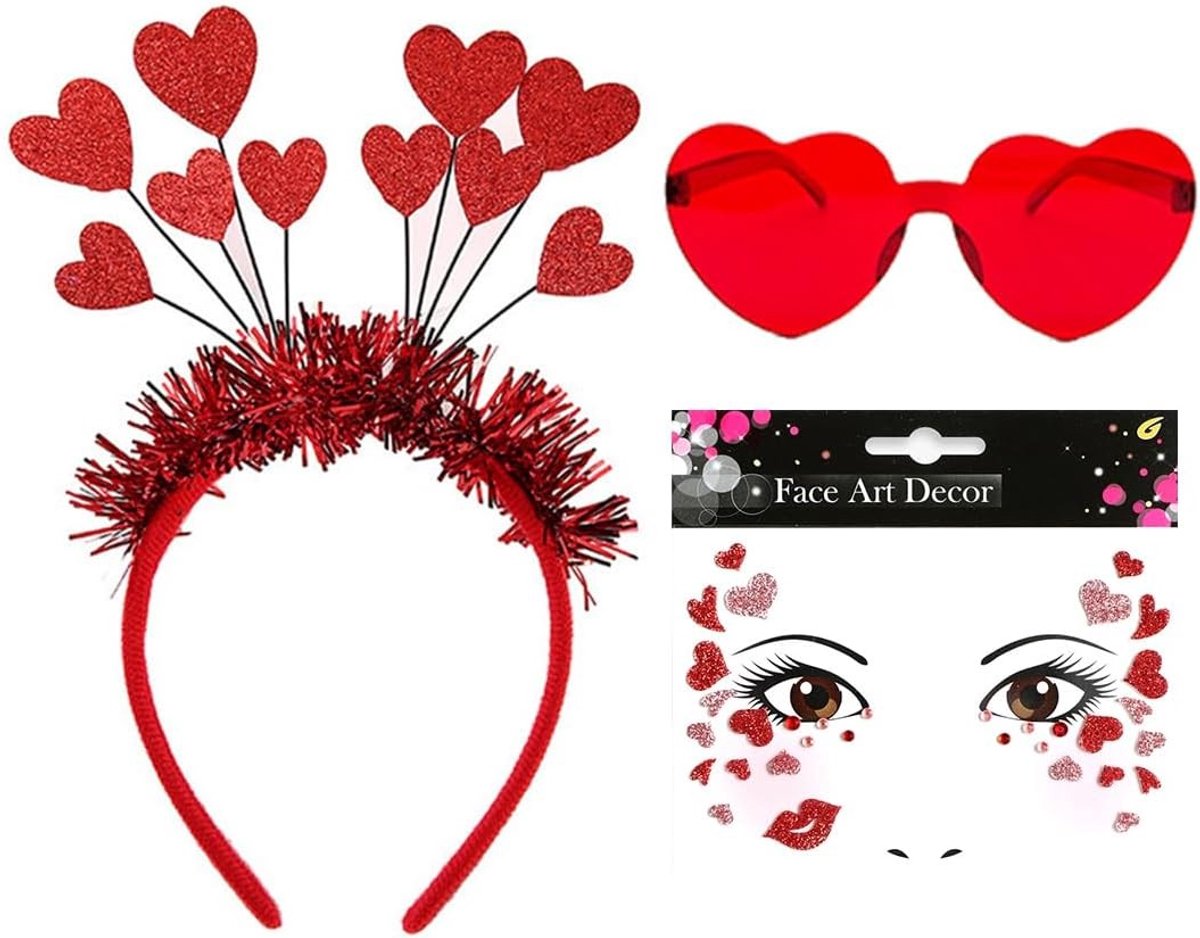 Rode hartbrillen, gezichtsstickers en hartvormige hoofdband voor een liefdevol kostuum, perfect voor carnaval en feestjes