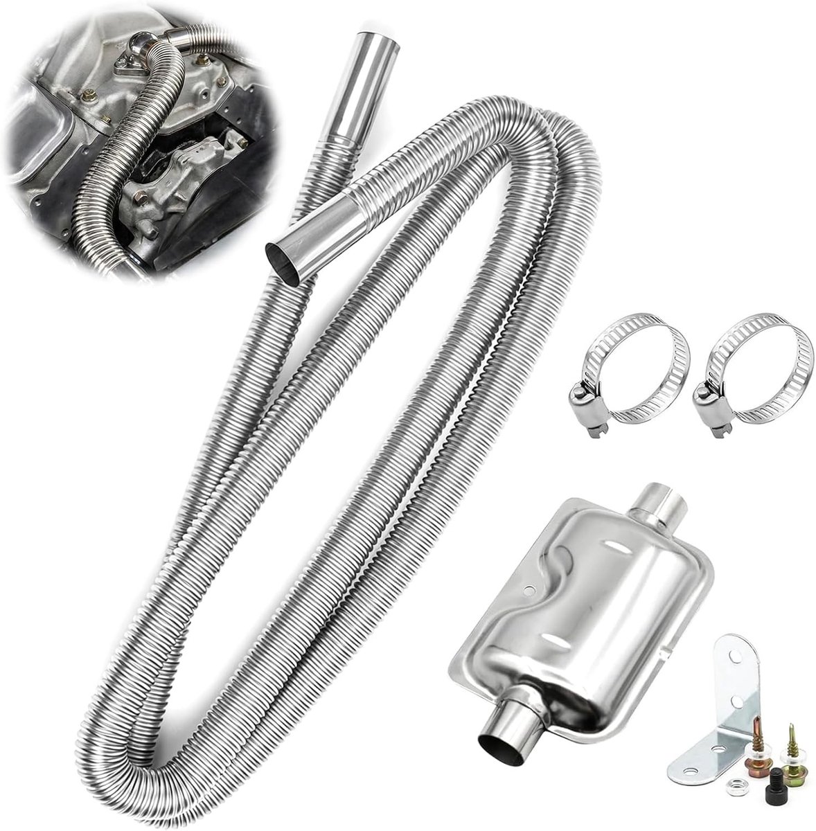 Exhaustslang voor stroomgeneratoren, 300 cm roestvrijstalen uitlaatpijp, verwarmingsslang met 2 klemmen en demper, geschikt voor camper, vrachtwagen en vloerverwarming