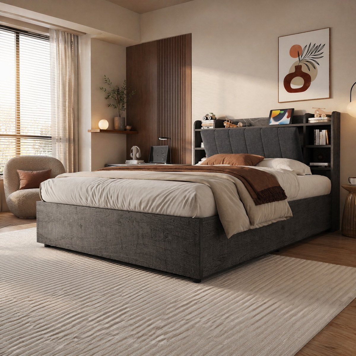 Wishdor Bed met opbergruimte - Hydraulisch bedframe met hoofdbord en usb- en type-c-aansluiting - Grijs mdf - 180 x 200 cm - Zonder matras - Voor volwassenen