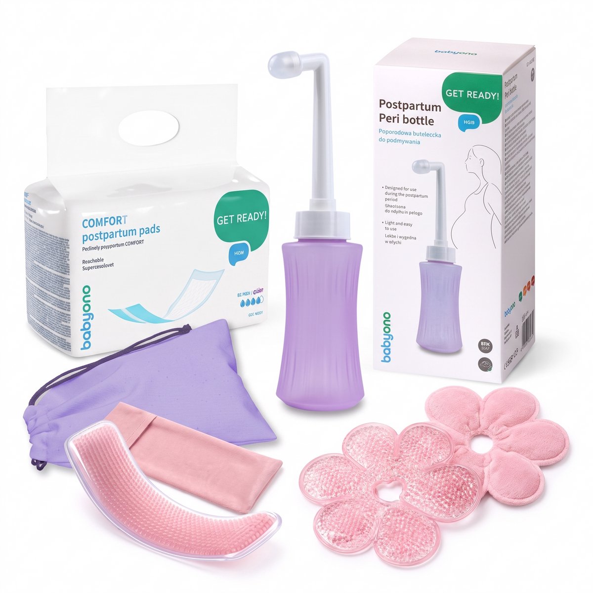 BabyOno Postpartum Herstelset - Kraampakket met Peri Bottle, Perineum Kompres, Borstkompres Hot & Cold en Kraamverband - Complete Verzorging & Verlichting na de Bevalling - Kraamcadeau voor Mama