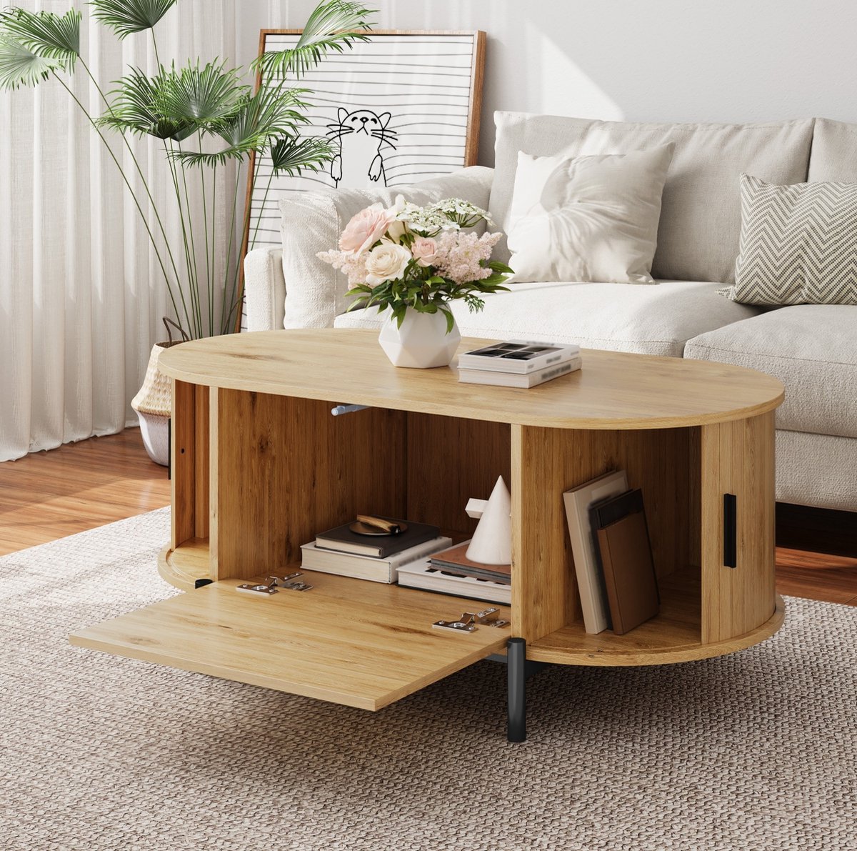 Wishdor Ovale salontafel - Met opbergruimte en rotan deuren - Houtlook - Zwarte metalen poten - Modern design - Voor woonkamer - Naturel - 100 x 50 x 40 cm