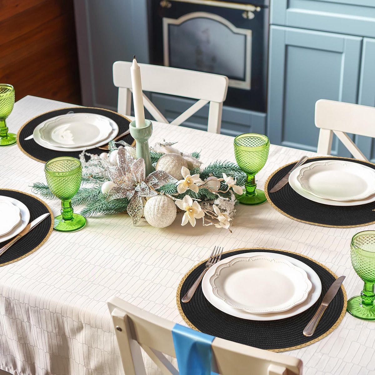 Placemats set van 6 - zwarte ronde gevlochten - 36x36 cm - afwasbaar en hittebestendig - ideaal voor feesttafel - ShopVlot
