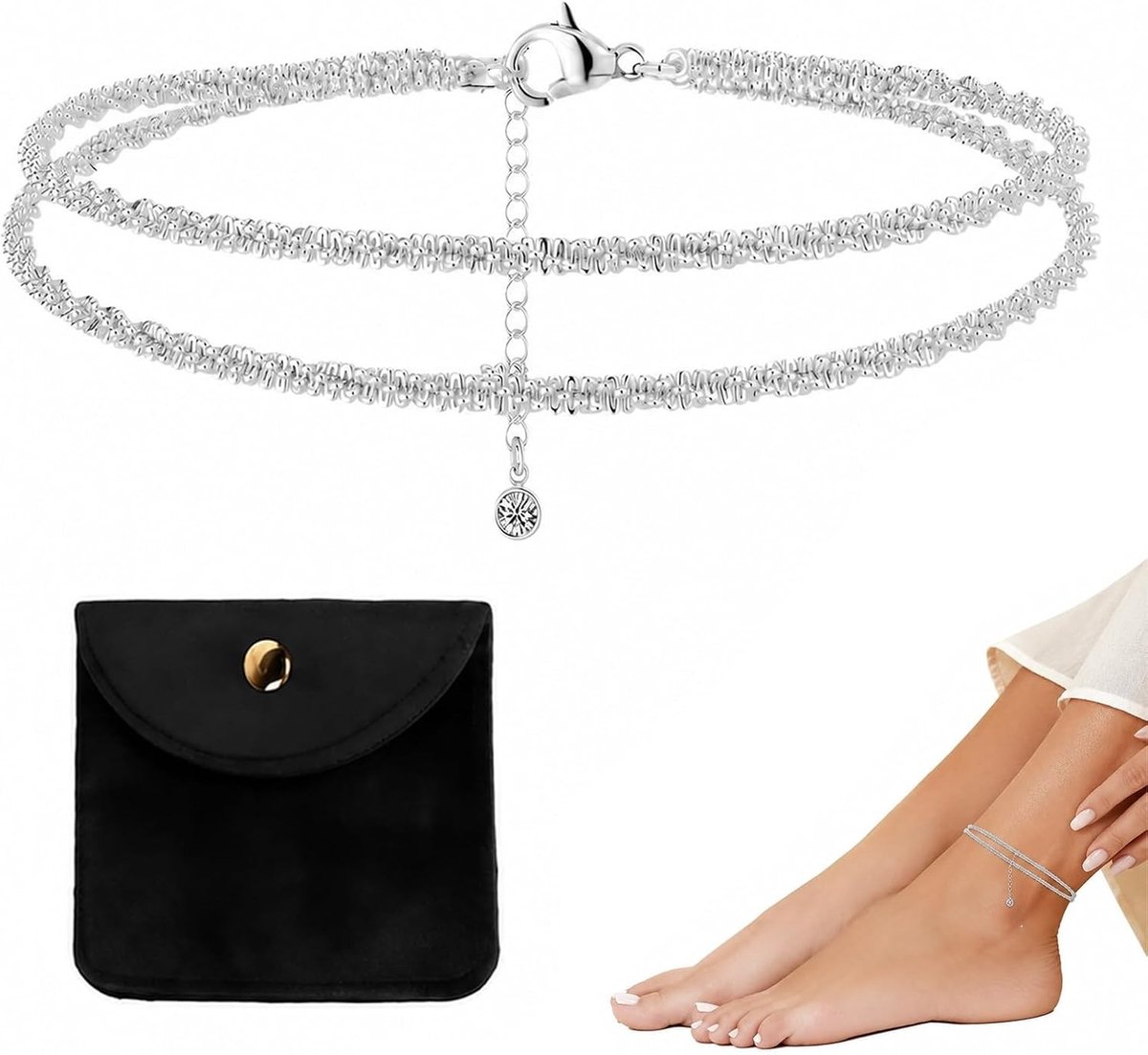 Dubbele Laag Verstelbare Enkelband van Zilver 925 – Elegante Voetketting voor Zomer en Dagelijks Gebruik – Stijlvolle Enkelsieraden voor Vrouwen
