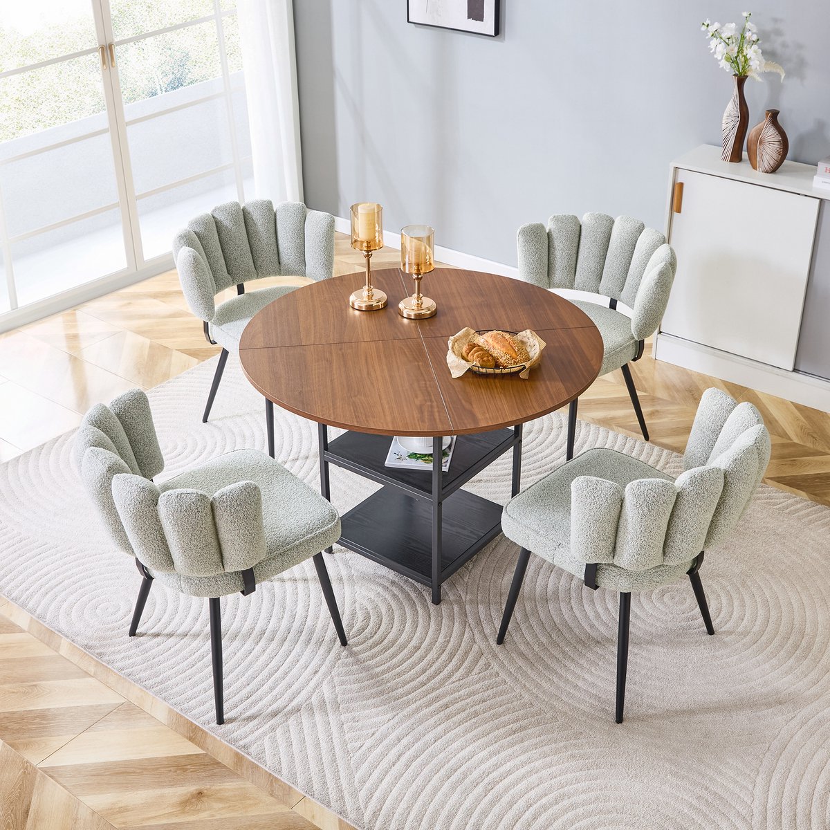 Wishdor Ronde eettafelset voor 4 personen - 107 cm - Walnootlook met dubbele opbergniveaus - 4 bouclé eetkamerstoelen - Modern - Zwart en lichtbeige