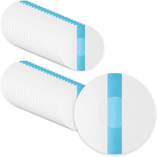 Twee stapels ronde, witte pleisters met een blauwe golvende band in het midden, zijkant weergave.