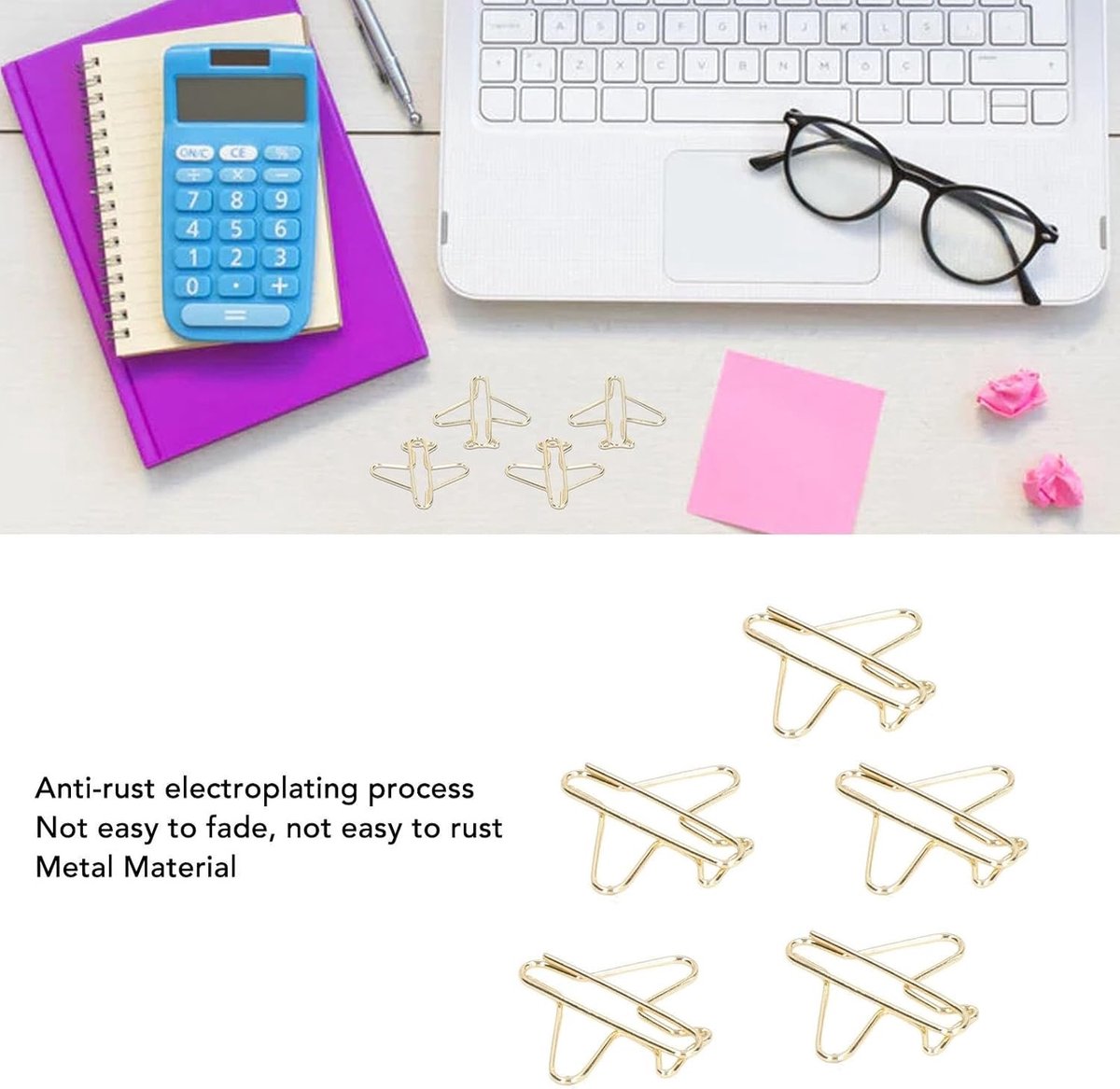 Schattige vliegtuig paperclips - 100 stuks, roestvrij gouden metalen clips, praktische en betrouwbare bladwijzers voor kantoor en thuis, decoratief en functioneel