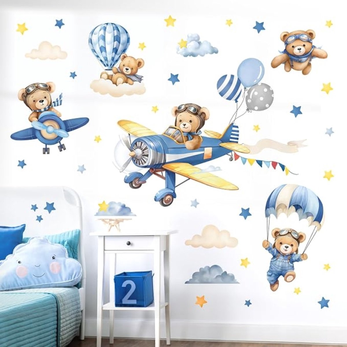 Muurstickers Vliegtuig en Dieren met Heteluchtballon - Kinderkamer Decoratie - 2 Vellen - sans marque