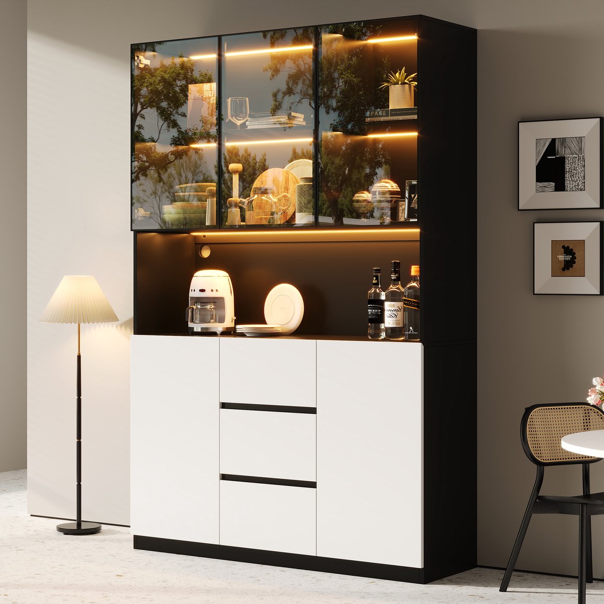 Wishdor Vitrinekast met ledverlichting - Geharde glazen displaykast met open vak, 3 lades en 2 deuren - Zwart wit - Voor woonkamer en eetkamer - 120x40x200 cm