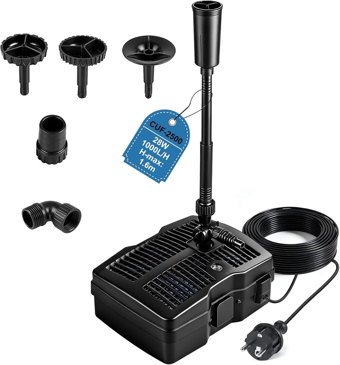 Buitenwaterpomp met UV-lamp, 1000 L/h, 28 W, complete set met filter, fonteinen en kabel
