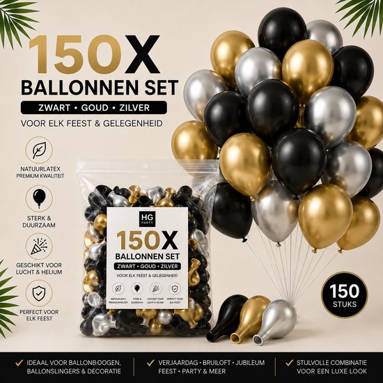 150X ballonnenset in zwart, goud en zilver. Gemaakt van natuur latex van premium kwaliteit.