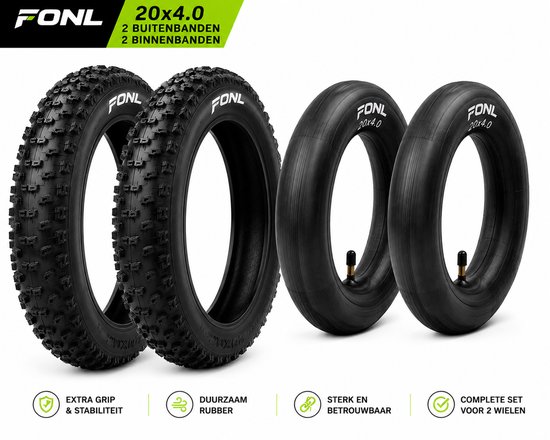 Twee zwarte FONL fatbike buitenbanden 20x4.0 met grof profiel en twee binnenbanden.