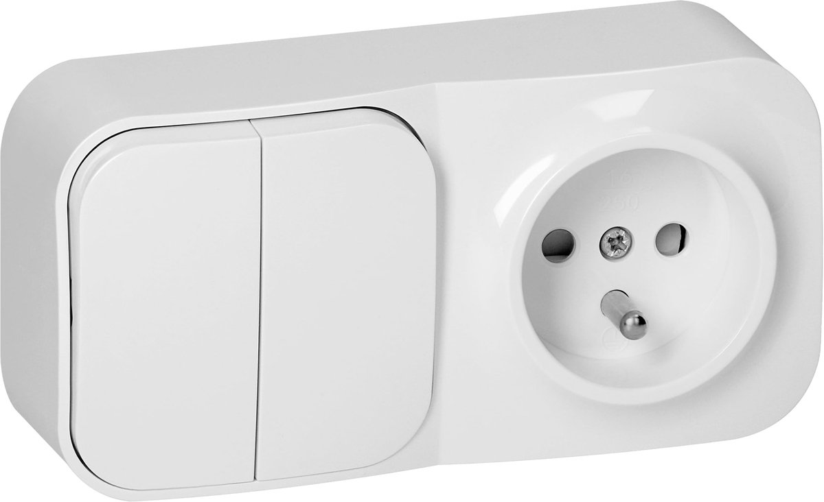 Dubbele lichtschakelaar met stopcontact - opbouwmontage IP20 - Franse norm 230 V/16 A - veilig en stijlvol - ShopVlot