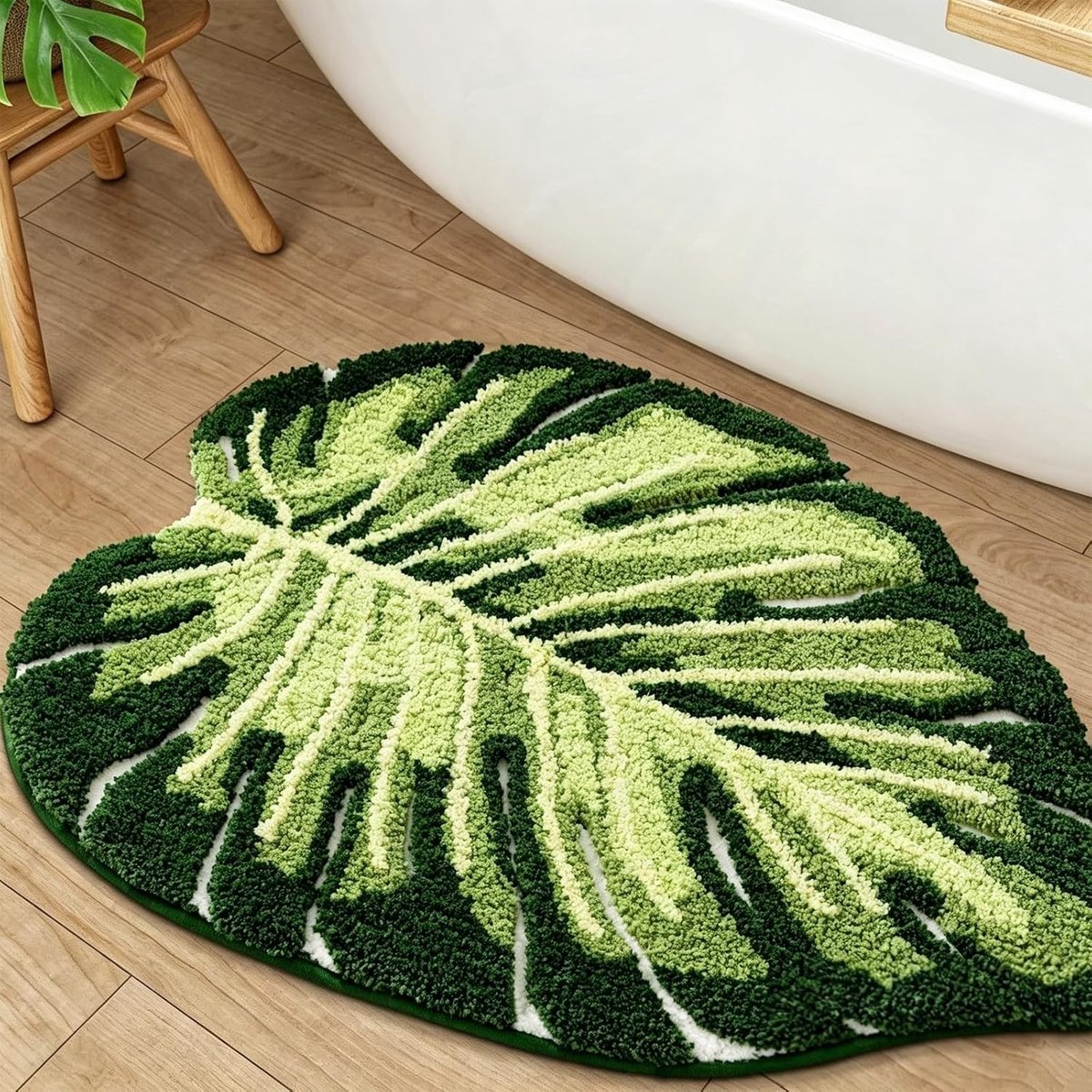 Tropisch Monstera Blad Badkamer Tapijt, Antislip Wasbaar Vloermat voor Douche, Slaapkamer en Kinderen, Ideaal voor Bad en Toilet (60 x 90 cm)