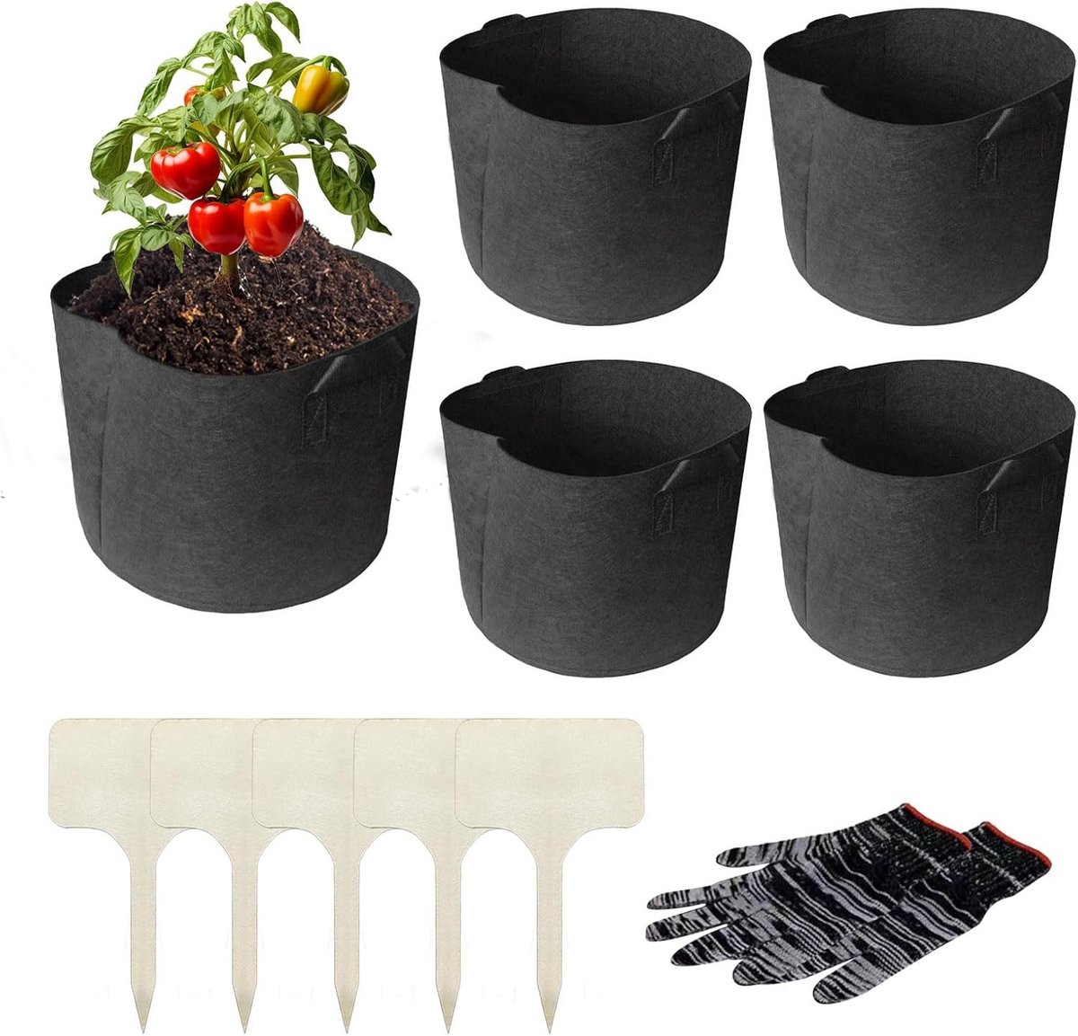 Set van 5 Planttassen van 40 Liter met Potgrondmat, Ideaal voor Aardappelen, Tomaten en Groenten, Diameter 38 cm, Hoogte 33,5 cm, Duurzaam en Handig in Gebruik