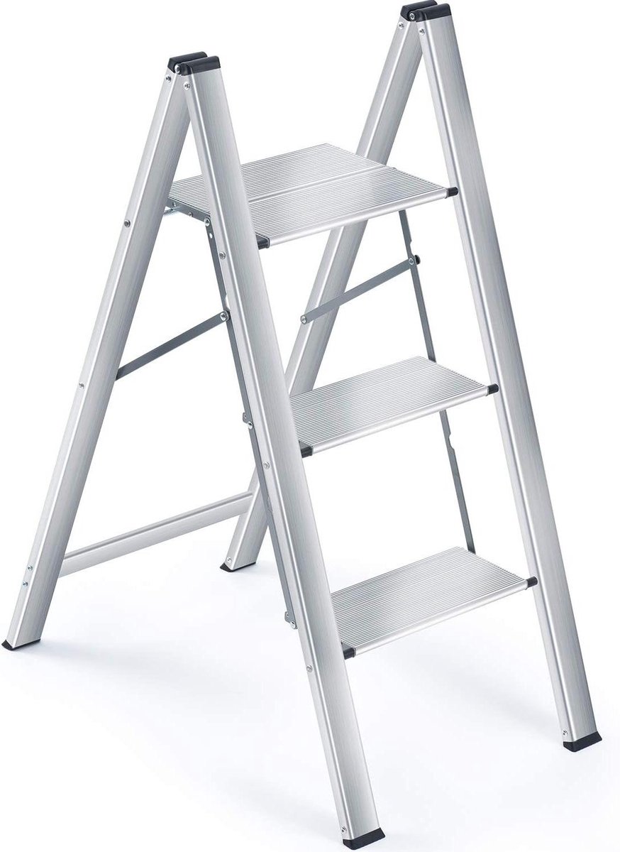 Trapladder 3 Treden - Vouwladder Opstapje - Huishoudelijke Taken - Ruimtebesparend Slank Ontwerp - 89 Centimeter Hoog - Zilver
