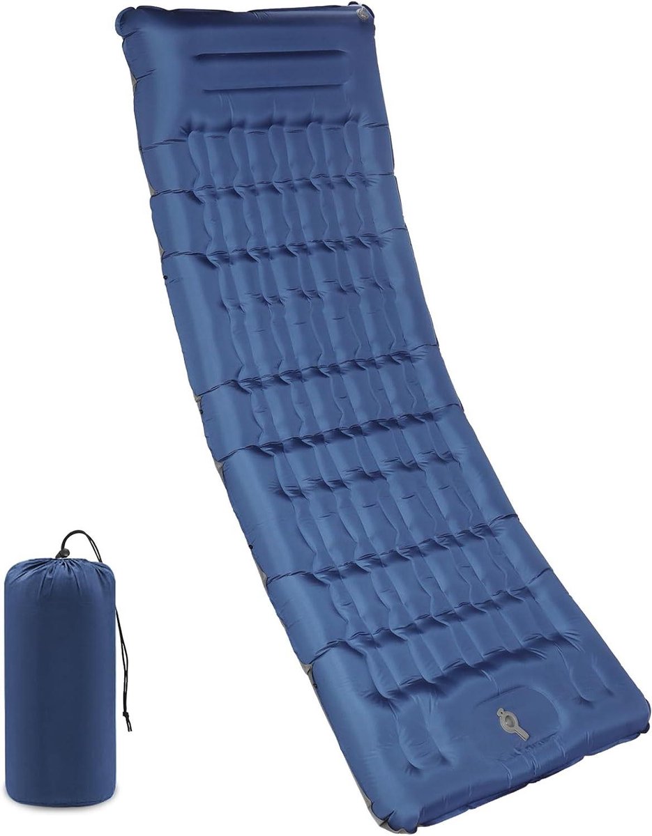 Kampeer slaapmat - Luchtbed mat - Buiten slapen - Zelfopblazend met voetpomp - 195 x 12 cm - Donkerblauw