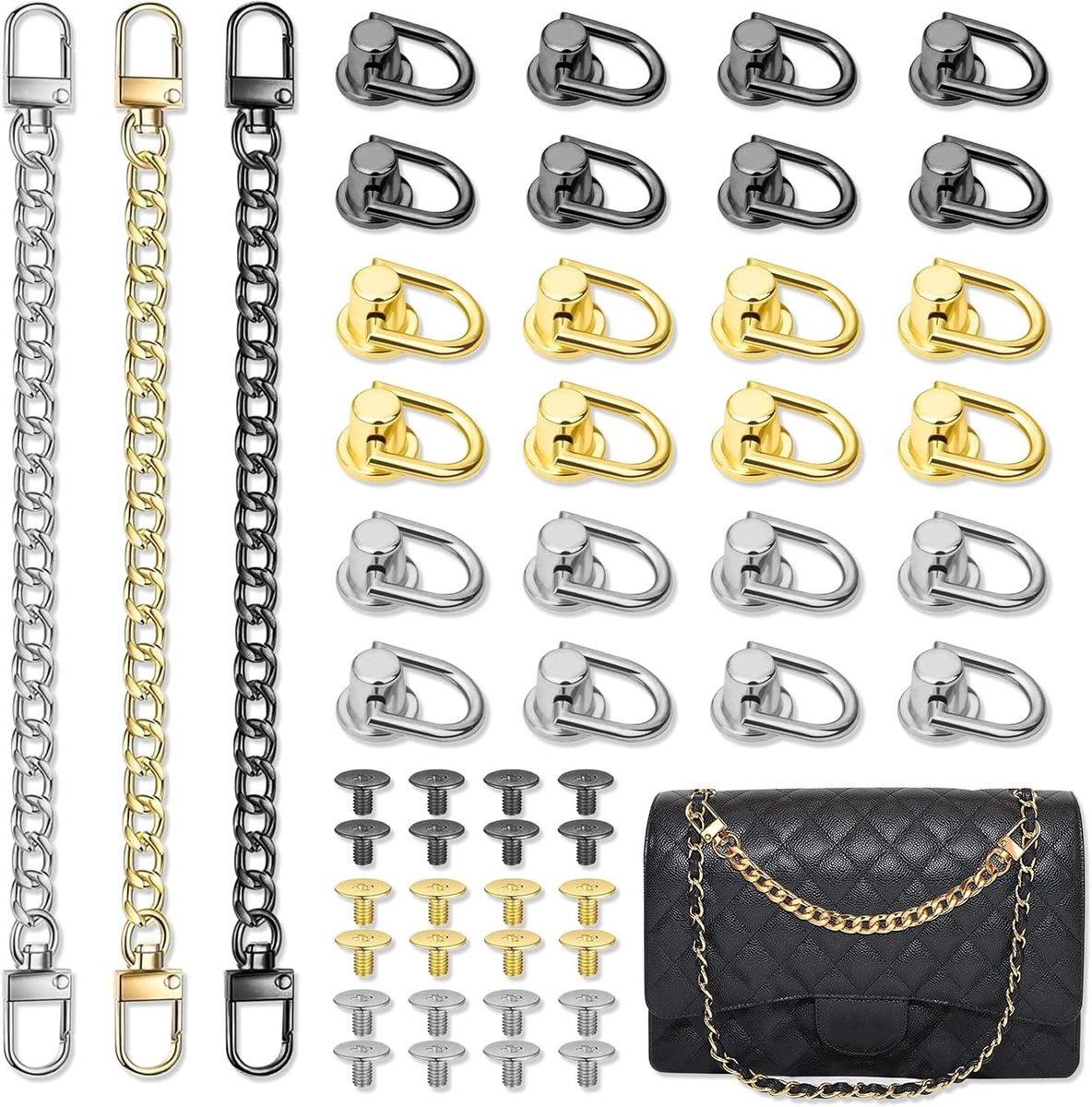 24 Stuks D-ring Rivets in 3 Kleuren met 3 Stuks Kettingriemen voor DIY Projecten zoals Telefoonhoezen en Handtassen