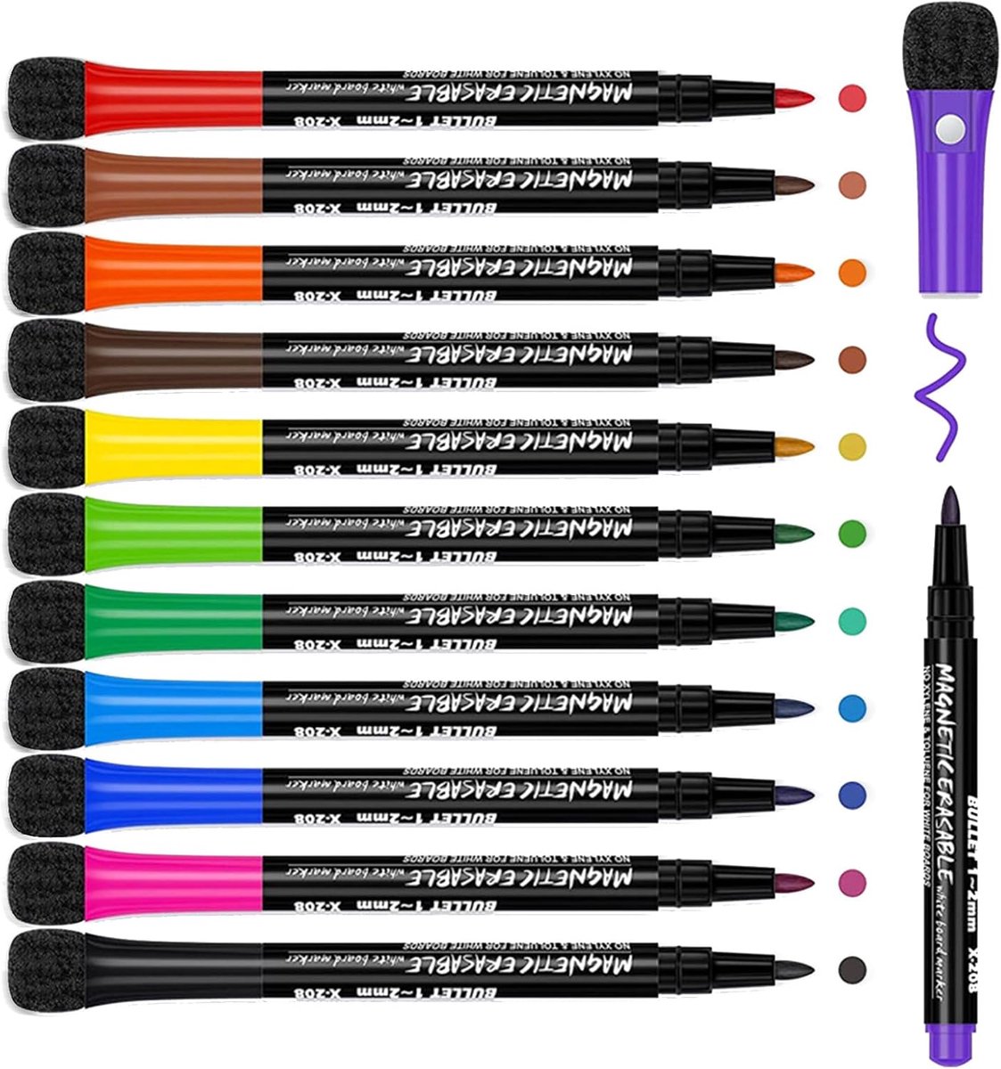 SnelShoppen - 12 Whiteboard Markers, Droogwisbare Fijne Punt, Inclusief Sponsgum, Perfect voor Kinderen, Leraren, Klaslokaal, Kleurrijke Markers voor